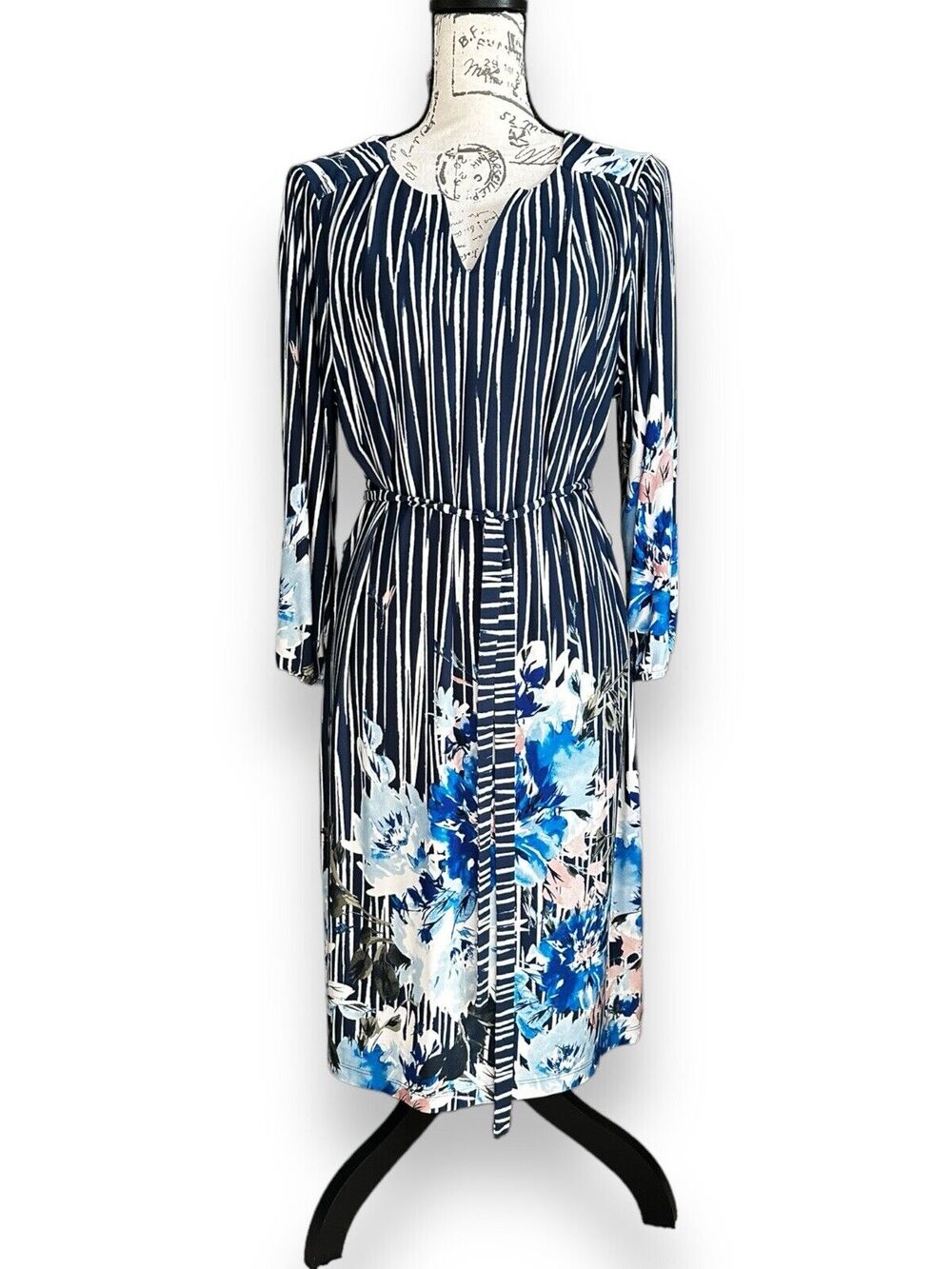 AUW Floral Blue White Stripe Belted Split Neck 3/4 Sleeve Shift Dress Large